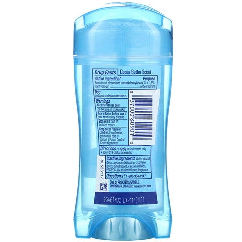 Secret, desodorante en gel transparente de 48 horas, manteca de cacao, 2.6 oz