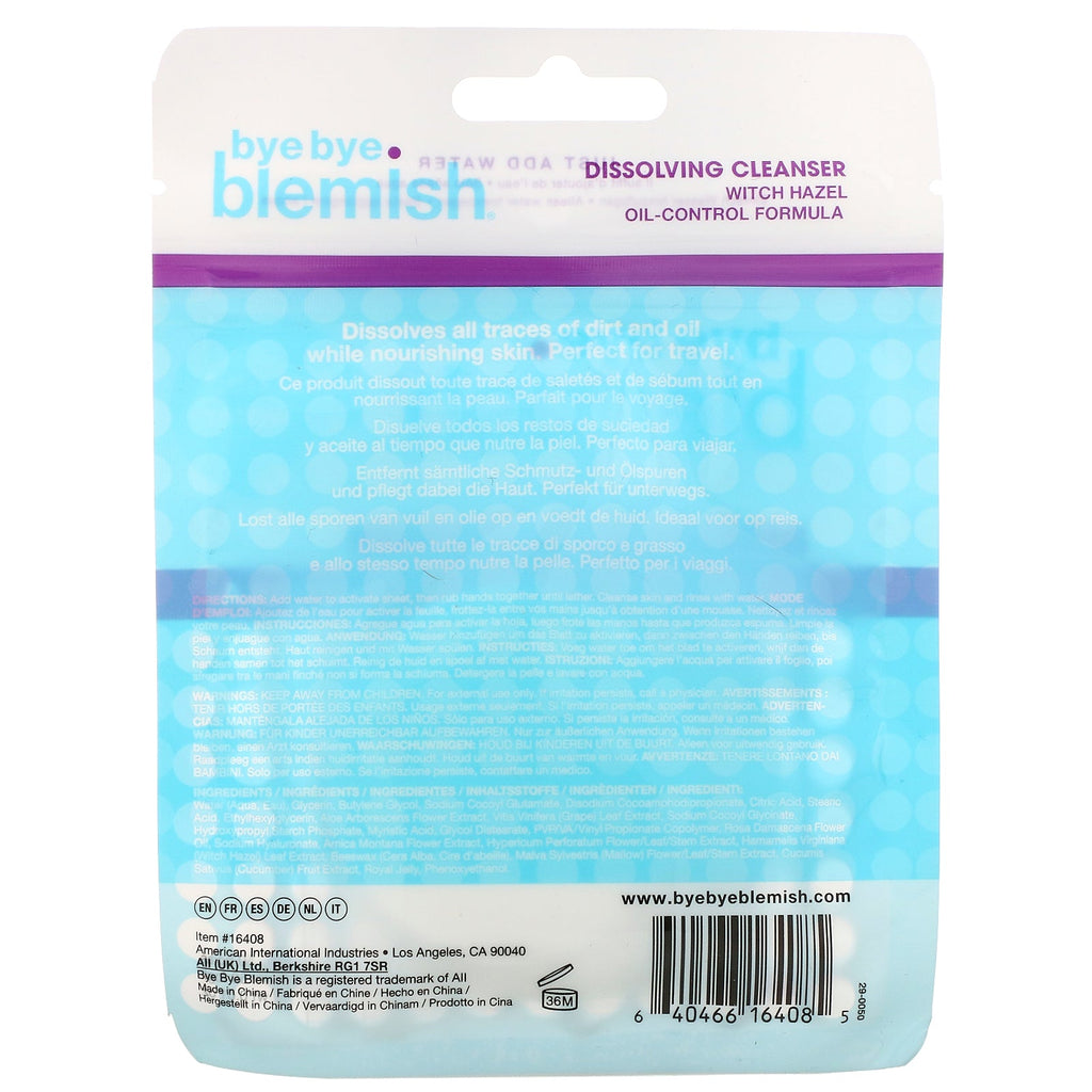 Bye Bye Blemish, Dissolving Cleanser, Witch Hazel Oil-Control Formula, 50 Sheets, 0.01 oz (0.3 g)