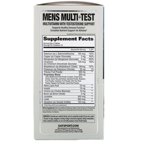 GAT, Men's Multi+Test, multivitamina con soporte de testosterona, 90 tabletas