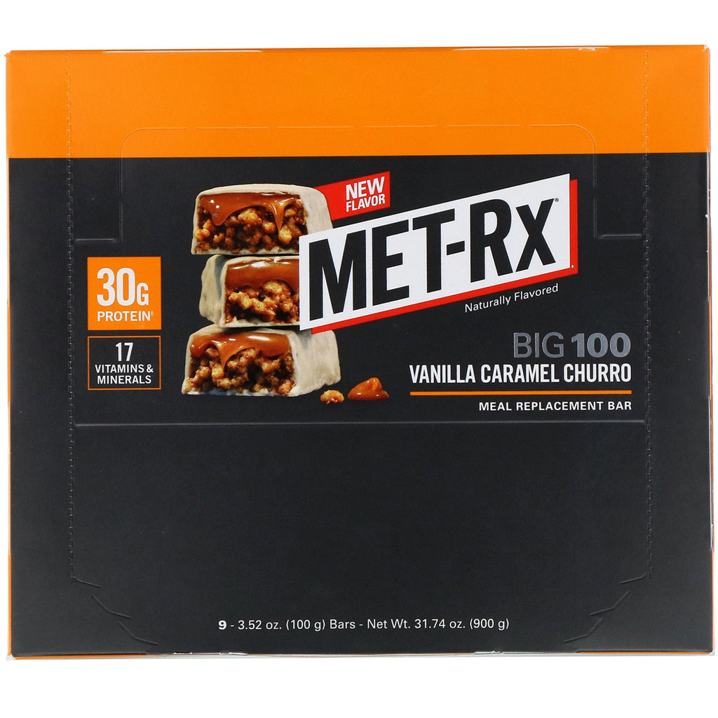 MET-Rx, Big 100, Meal Replacement Bar, Vanilla Caramel Churro, 9 barer, 3,52 oz (100 g) hver