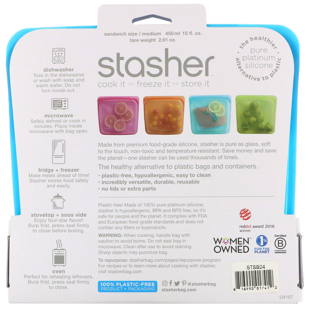 Stasher, Reusable Silicone Food Bag, Sandwich Size/Medium, Blueberry, 15 fl oz (450 ml)