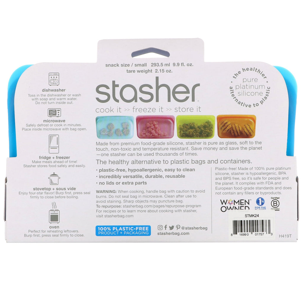 Stasher, Reusable Silicone Food Bag, Snack Size Small, Blue, 9.9 fl oz (293.5 ml)