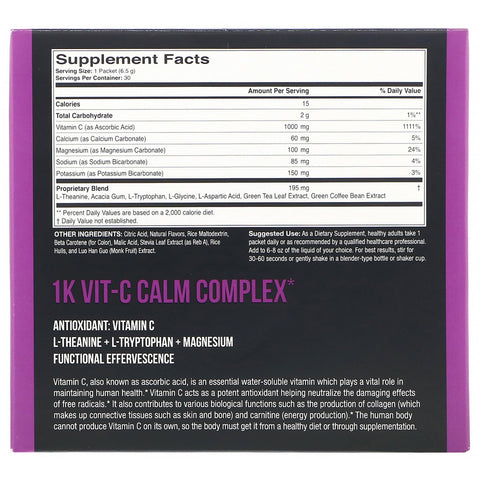 1Kvit-C, Vitamin C, Calm, Effervescent Drink Mix, Natural Orange Flavor, 1,000 mg, 30 packets. 0.23 oz (6.50 g) Each