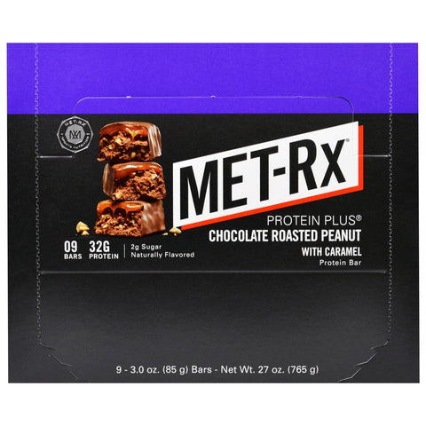 MET-Rx, PROTEIN PLUS Bar, chokoladeristede jordnødder med karamel, 9 barer, 3,0 oz (85 g) hver