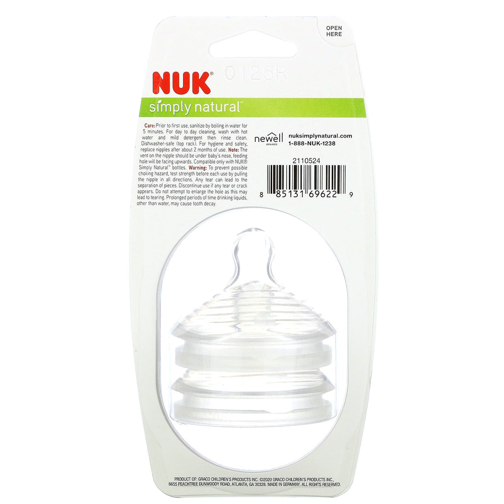 NUK, Simply Natural, Slow Flow Bottle Nipples,  0+ Months, 2 Nipples