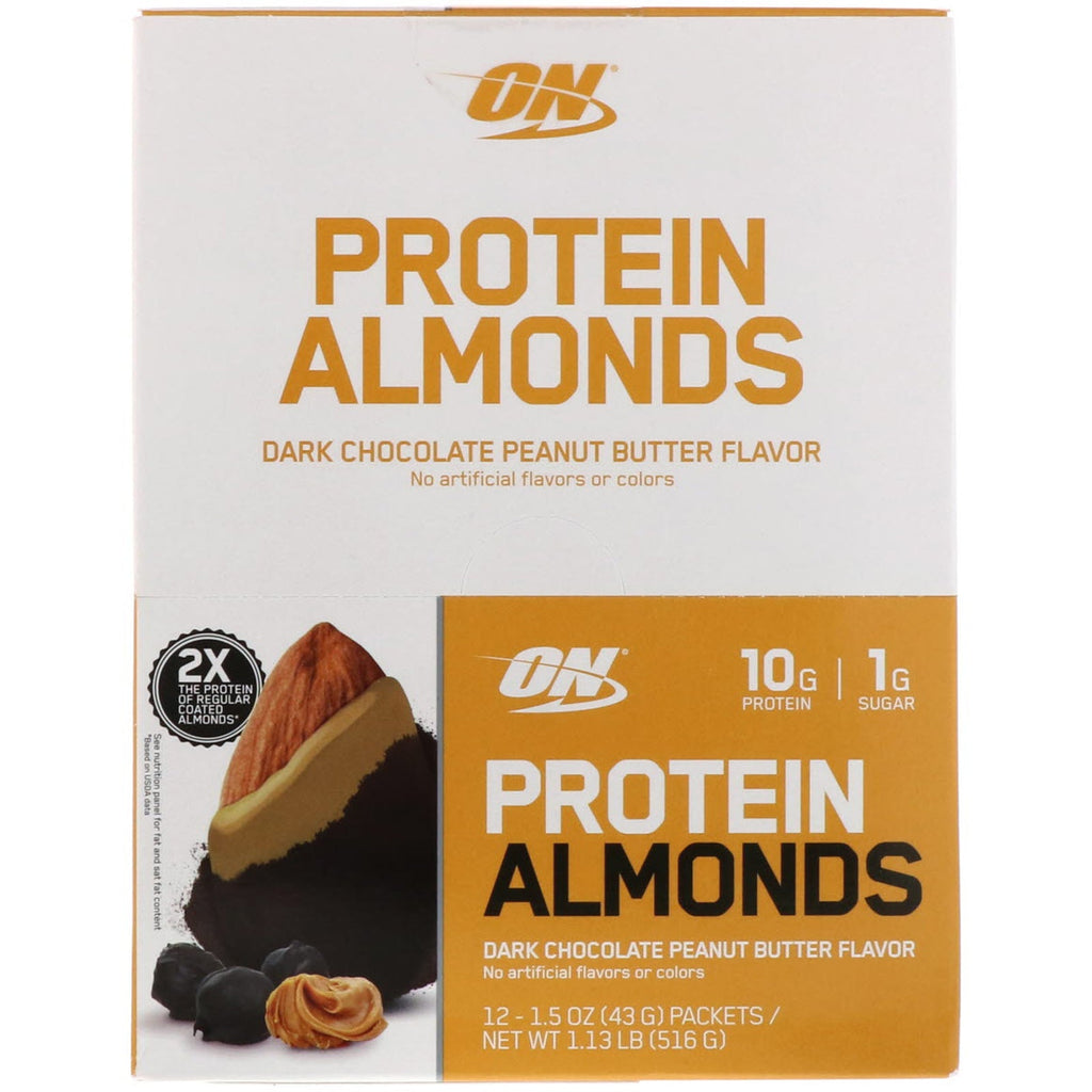 Optimal ernæring, proteinmandler, mørk chokolade jordnøddesmør, 12 pakker, 1,5 oz (43 g) hver