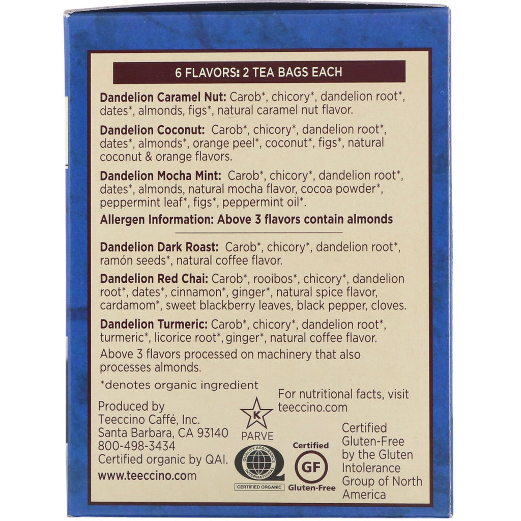 Teeccino, Roasted Herbal Tea, Dandelion Tea Sampler, 6 Flavors, Caffeine Free, 12 Tea Bags, 2.54 oz (72 g)