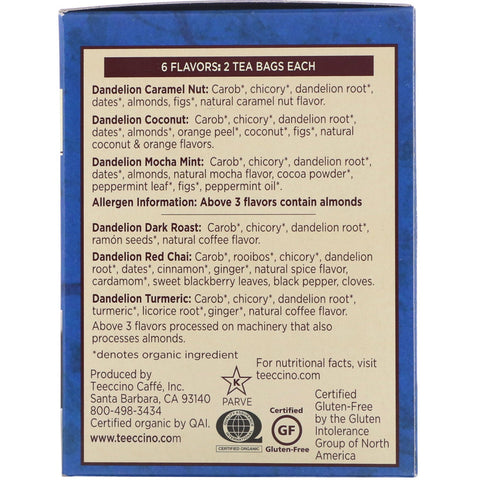 Teeccino, Roasted Herbal Tea, Dandelion Tea Sampler, 6 Flavors, Caffeine Free, 12 Tea Bags, 2.54 oz (72 g)