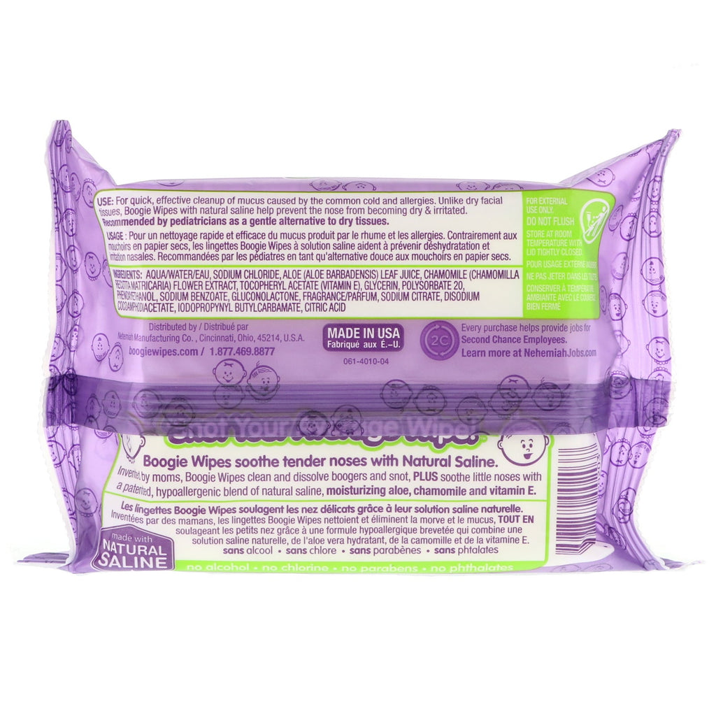 Boogie Wipes, toallitas salinas naturales para la congestión nasal, excelente aroma a uva, 30 toallitas