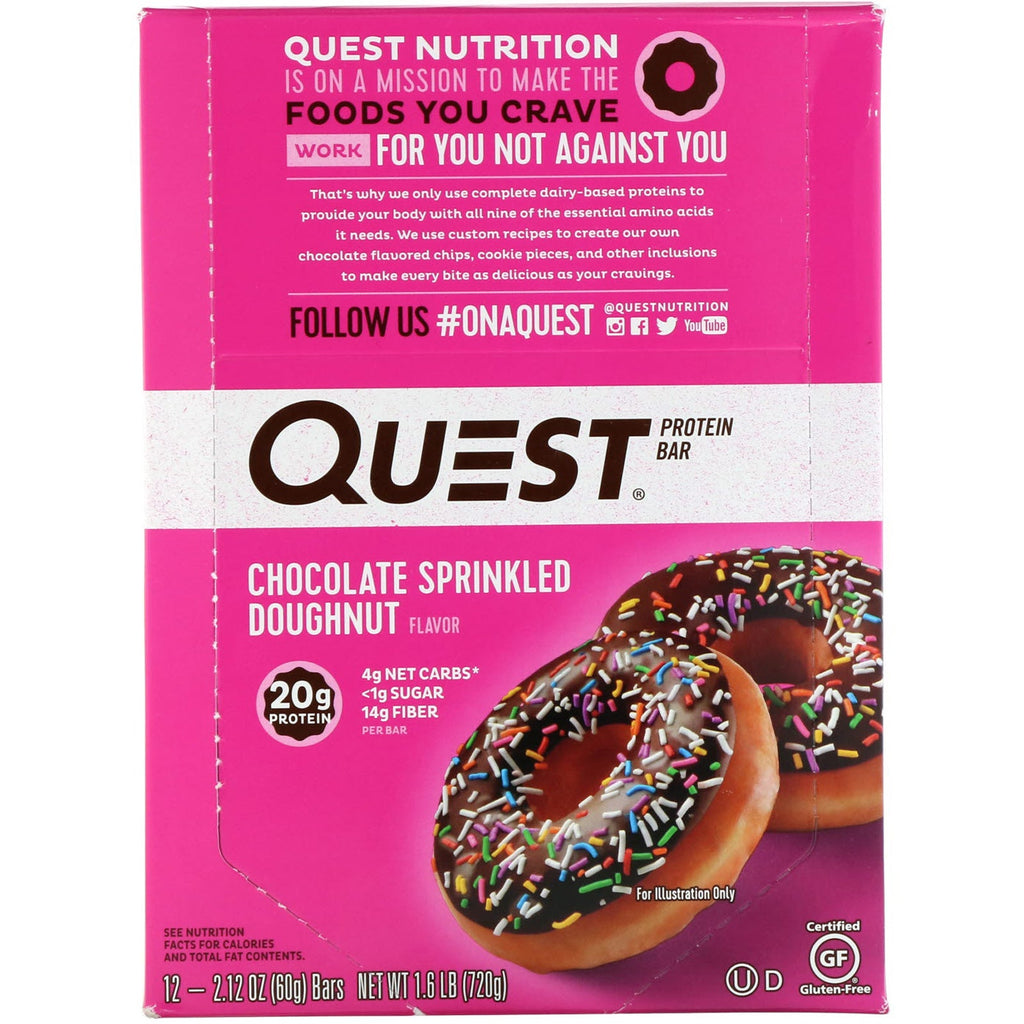 Quest Nutrition, proteinbar, chokoladedrysset doughnut, 12 barer, 2,12 oz (60 g) hver