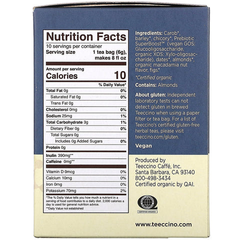 Teeccino, Prebiotic Herbal Tea,  Macadamia Nut, Caffeine Free, 10 Tea Bags, 2.12 oz (60 g)