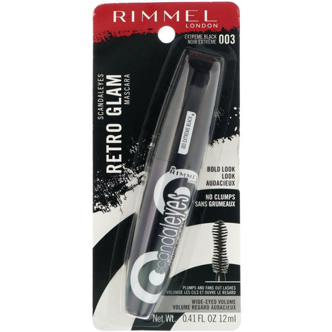 Rimmel London, Máscara de pestañas Scandaleyes Retro Glam, 003 Extreme Black, 12 ml (0,41 oz. líq.)