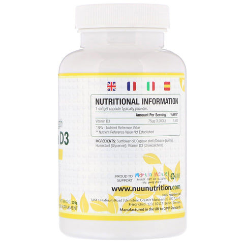 Nu U Nutrition, Max Strength Vitamin D3, 3.000 IE, 180 Softgel-kapsler