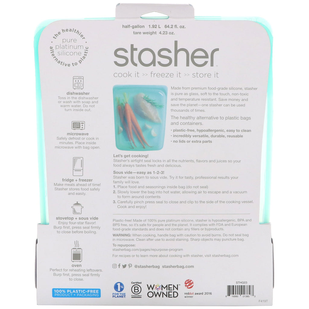 Stasher, Reusable Silicone Food Bag, Half Gallon Bag, Aqua, 64.2 fl oz (1.92 l)