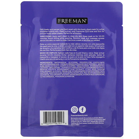 Freeman Beauty, Cheeky Butt Sheet Mask, Udjævning + Toning, 1 par, 1,35 fl oz (40 ml)