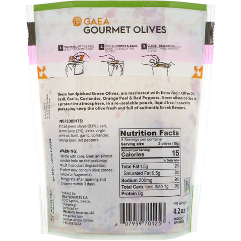 Gaea, Aceitunas gourmet, aceitunas verdes marinadas y deshuesadas, 4,2 oz (120 g)