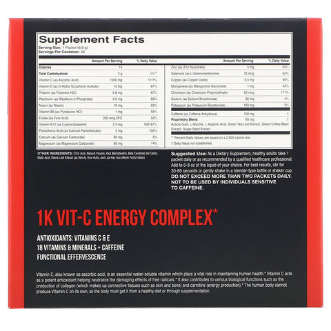 1Kvit-C, Vitamin C, Energy, Effervescent Drink Mix, Natural Orange Flavor, 1,000 mg, 30 packets. 0.24 oz (6.80 g) Each