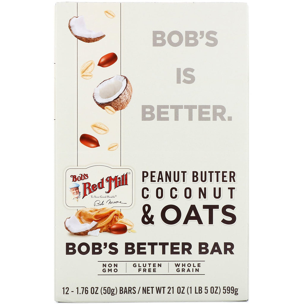 Bob's Red Mill, Bob's Better Bar, Peanut Butter Coconut &amp; Oats, 12 barer, 1,76 oz (50 g) hver