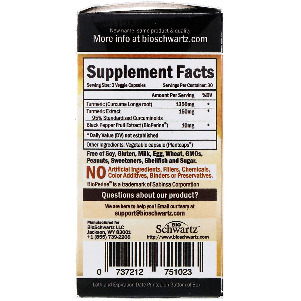 BioSchwartz, Premium Ultra Pure Gurkemeje Curcumin med Bioperine, 1.500 mg, 90 Veggie Caps