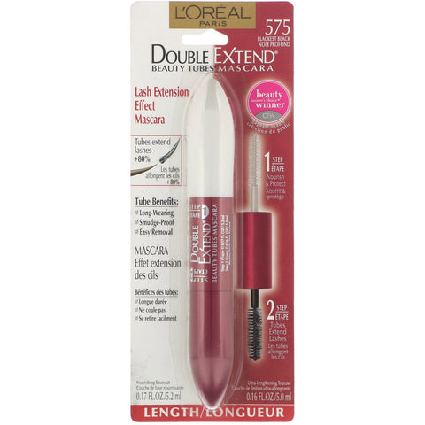 L'Oreal, Double Extend Beauty Tubes Mascara, 575 Blackest Black, 0,17 fl oz (5,2 ml) / 0,16 fl oz (5 ml)