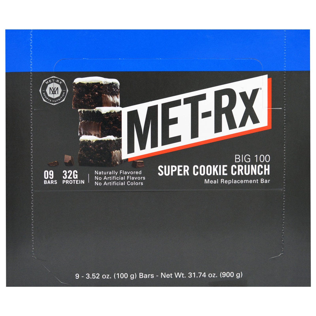 MET-Rx, Big 100, Meal Replacement Bar, Super Cookie Crunch, 9 barer, 3,52 oz (100 g) hver