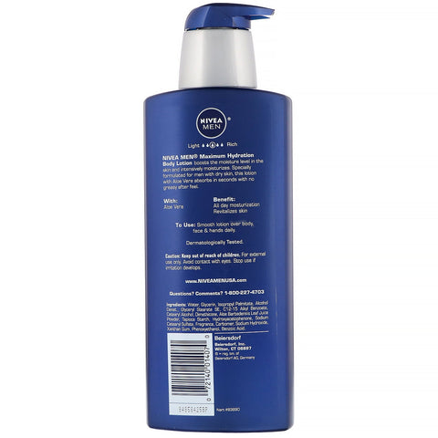 Nivea, Mænd, Maksimal Hydration, 3-i-1 nærende Lotion, Aloe Vera, 16,9 fl oz (500 ml)