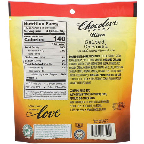 Chocolove, Bites, Salted Caramel in 55% Dark Chocolate, 3.5 oz (100 g)