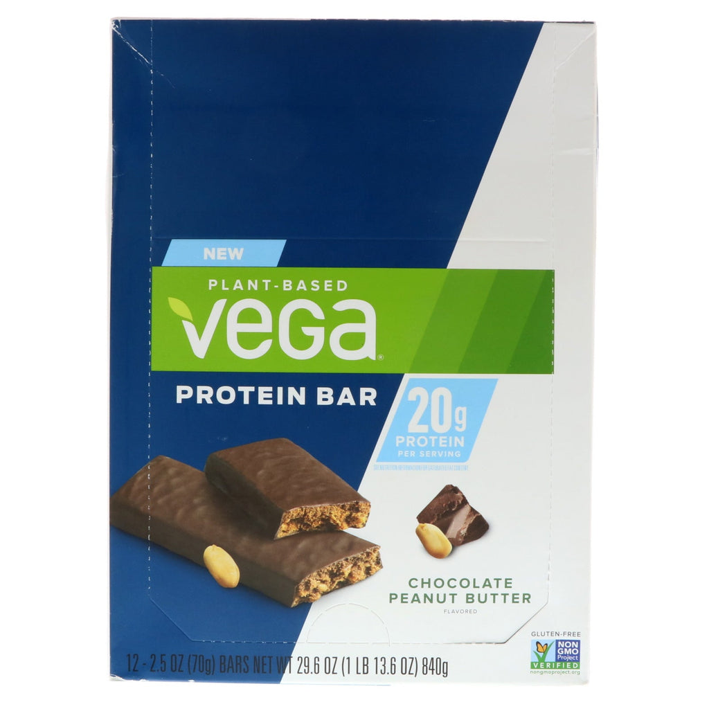 Vega, proteinbar, chokolade jordnøddesmør, 12 barer, 2,5 oz (70 g) hver