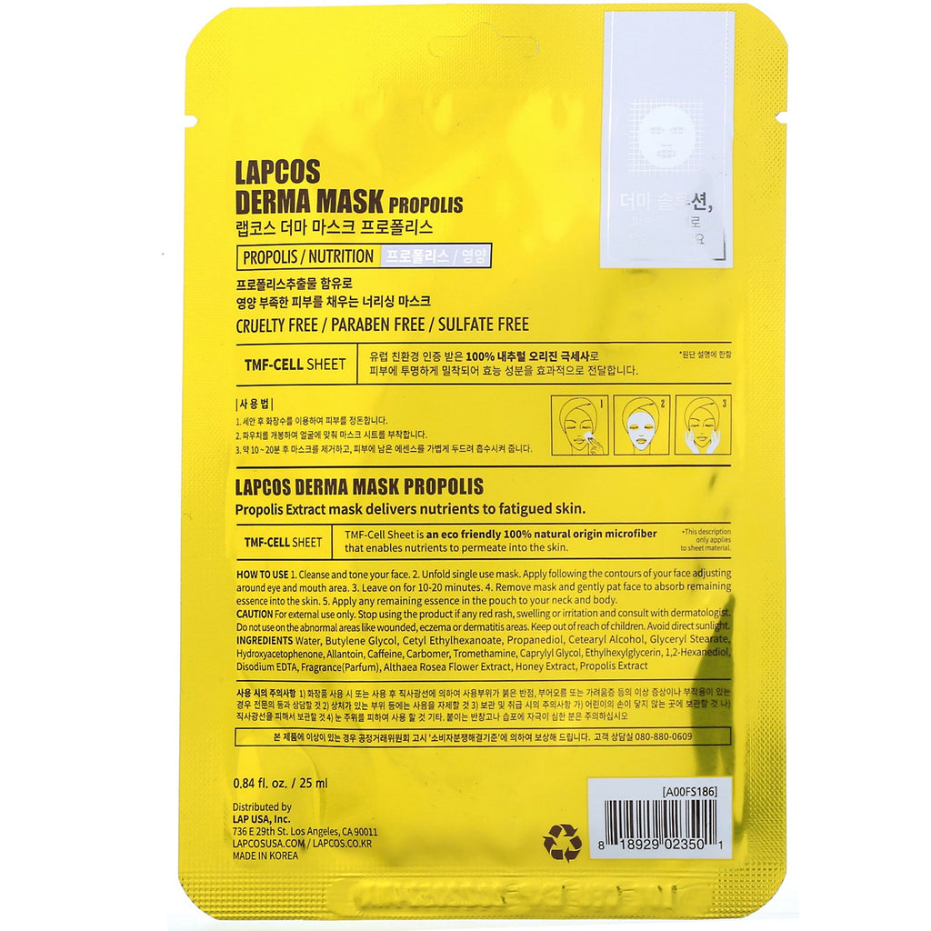 Lapcos, Propolis Sheet Mask, ernæring, 1 ark, 0,84 fl oz (25 ml)