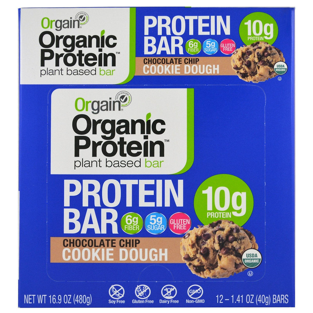 Orgain, plantebaseret proteinbar, chocolate Chip Cookie Dough, 12 barer, 1,41 oz (40 g) hver