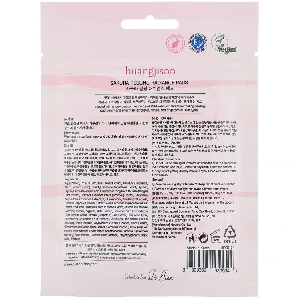 Huangjisoo, Sakura, Peeling Radiance Pads, 10 pads, 1,26 fl oz (36 g)