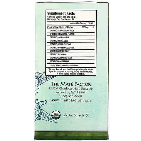 Mate Factor, Stress SOS with Marshmallow & Ashwagandha, Caffeine Free, 20 Tea Bags, 2.12 oz (60 g)