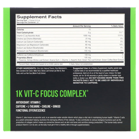 1Kvit-C, Vitamin C, Focus, Sprudlende Drik Mix, Naturlig appelsinsmag, 1.000 mg, 30 pakker. 0,23 oz (6,40 g) hver