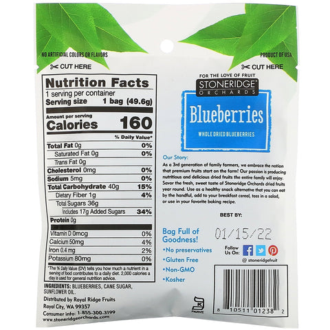 Stoneridge Orchards, Blueberries, Whole Dried Blueberries, 1.75 oz (49.6 g)