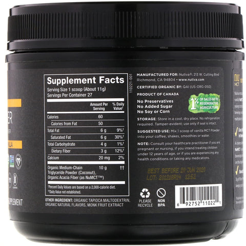 Nutiva,  MCT Powder, Vanilla, 10.6 oz (300 g)