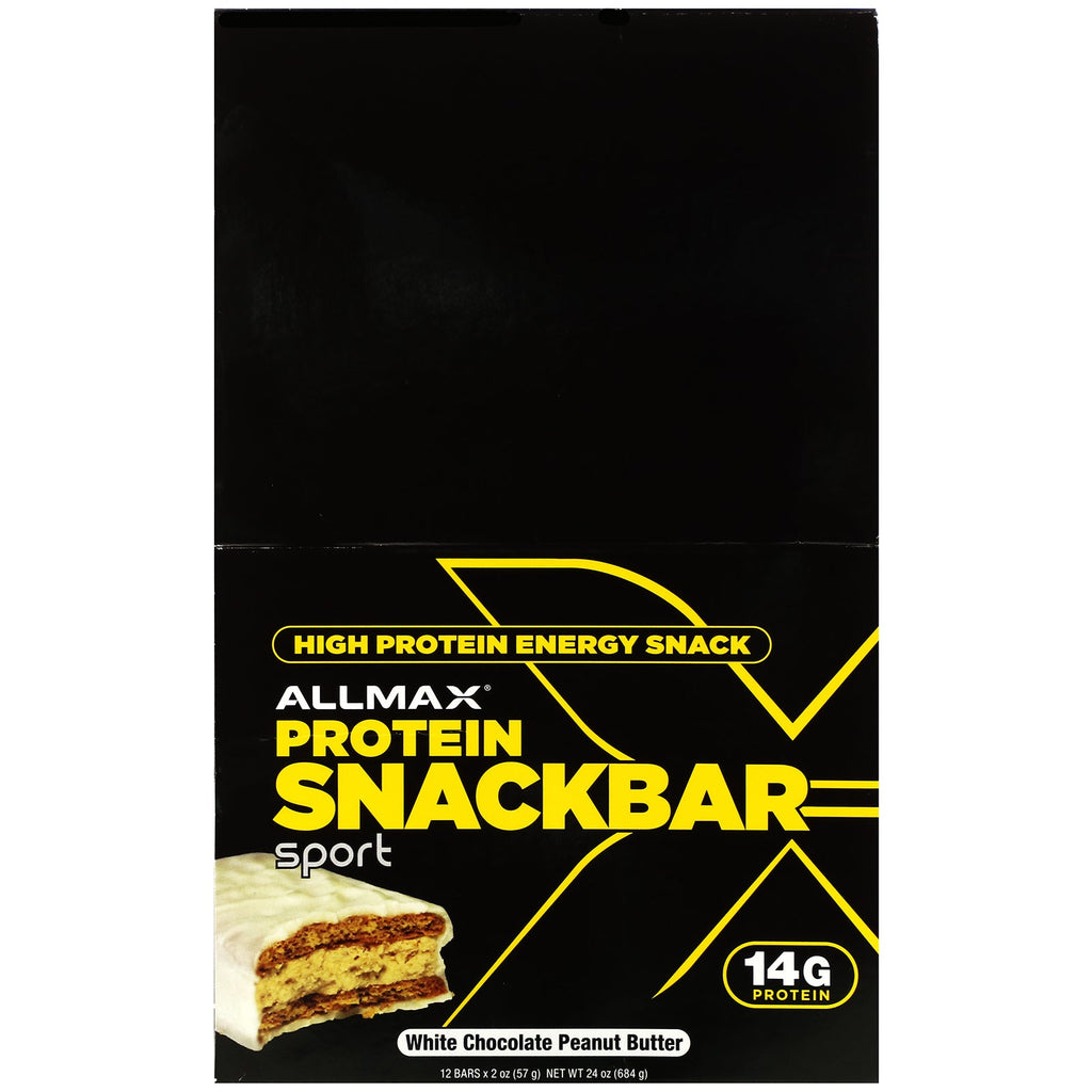 ALLMAX ernæring, højprotein energisnack, proteinbar, hvid chokolade jordnøddesmør, 12 barer, 2 oz (57 g) hver