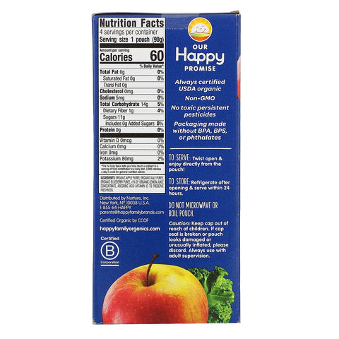 Happy Family s, Happy Kid, æble, grønkål og blåbær, 4 poser, 90 g (3,17 oz) hver