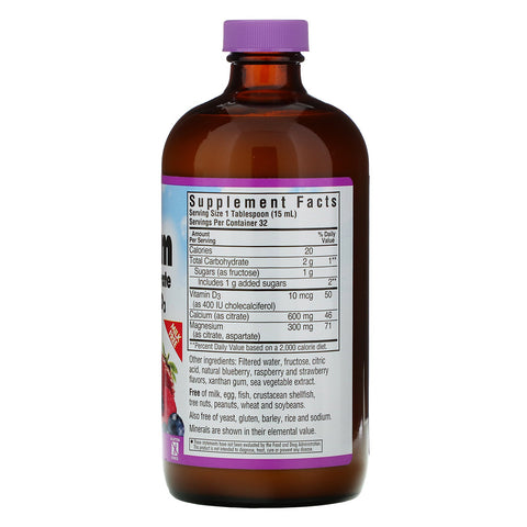 Bluebonnet Nutrition, Citrato líquido de calcio y magnesio más vitamina D3, sabor natural a bayas mixtas, 16 fl oz (472 ml)