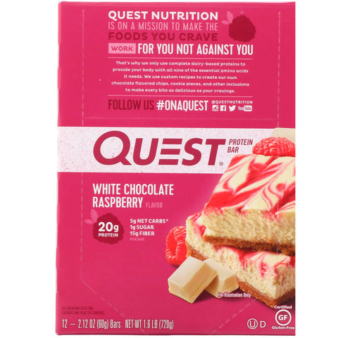 Quest Nutrition, Proteinbar, Hvid Chokolade Hindbær, 12 Barer, 2,12 oz (60 g) hver