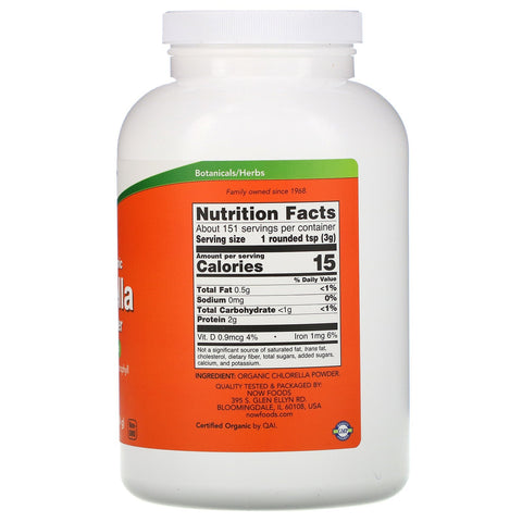 Now Foods, certificeret Chlorella, rent pulver, 1 lb (454 g)