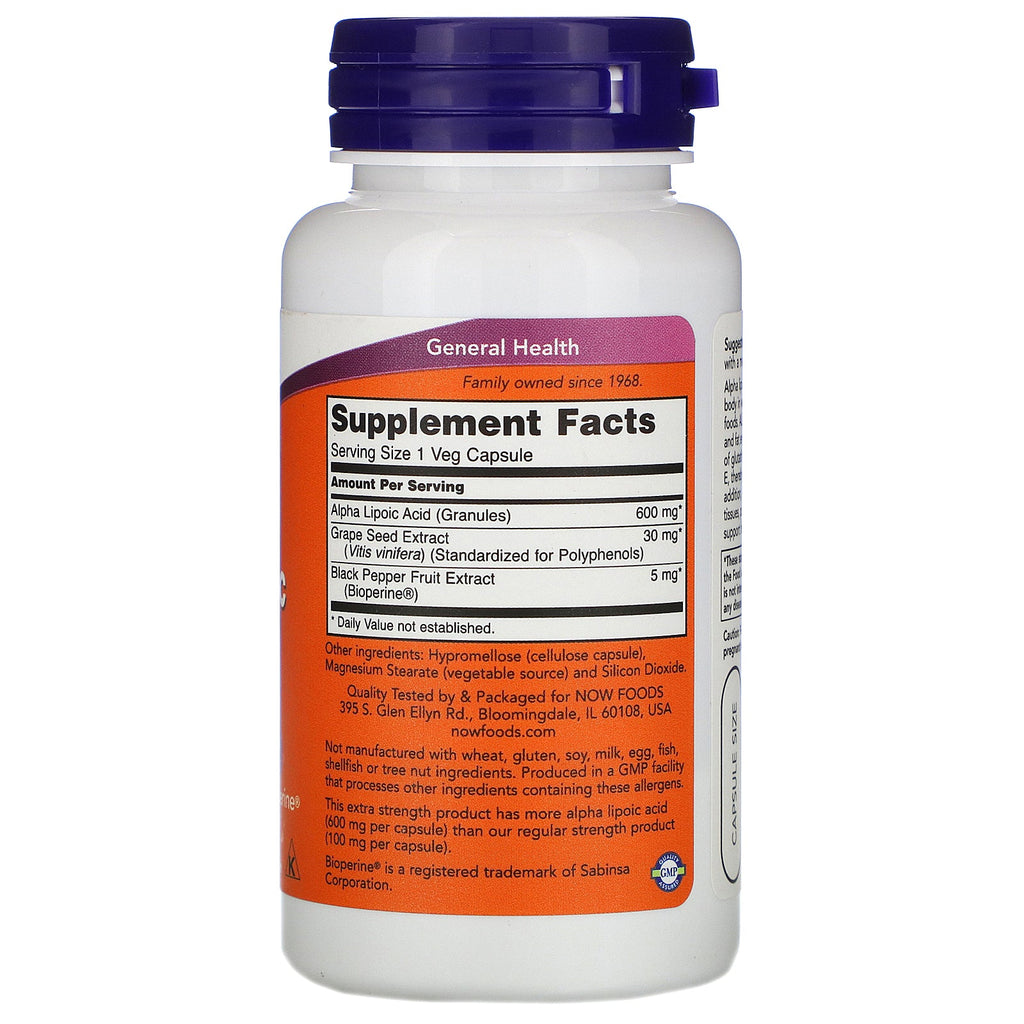 Now Foods, alfaliponsyre, ekstra styrke, 600 mg, 60 vegetabilske kapsler