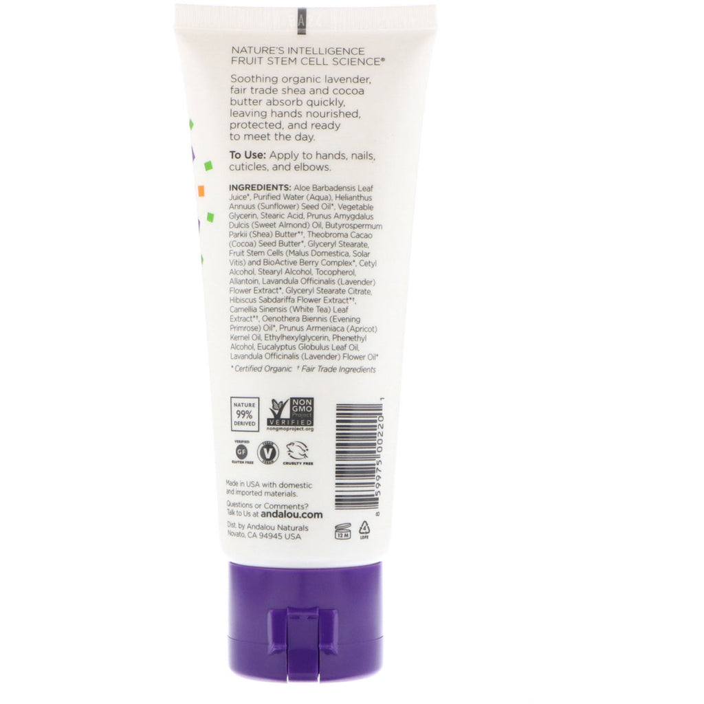 Andalou Naturals, A Path of Light, Sheasmør + Kakaosmør håndcreme, lavendel, 3,4 fl oz (100 ml)