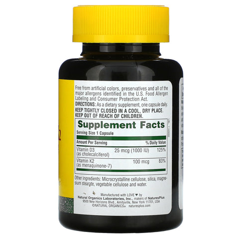 Nature's Plus, Vit D3 + Vit K2, 90 Cápsulas