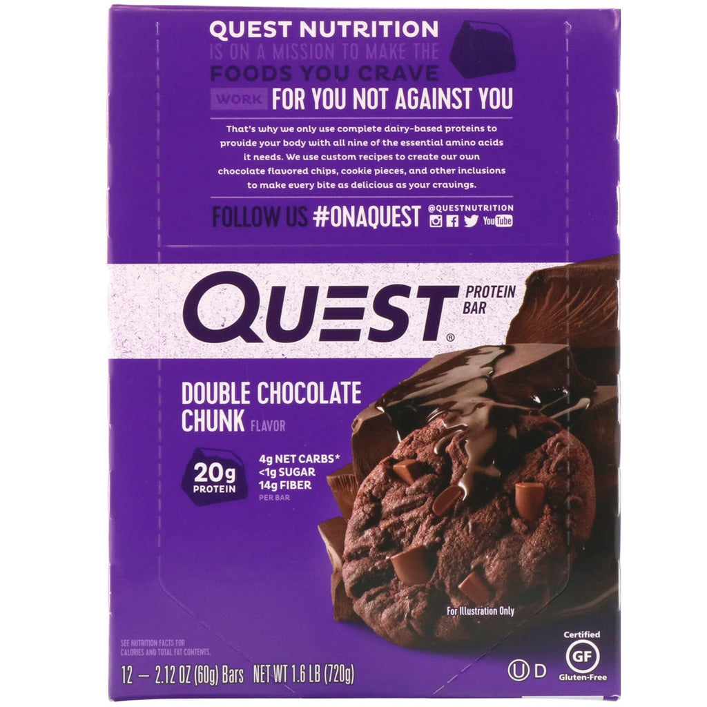 Quest Nutrition, proteinbar, dobbelt chokoladestykke, 12 barer, 2,12 oz (60 g) hver