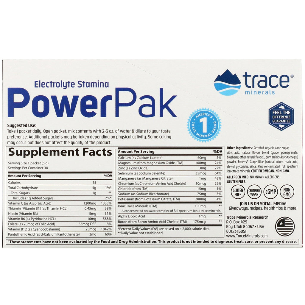 Spormineralforskning, Elektrolyt Stamina PowerPak, Granatæble Blåbær, 30 pakker, 0,18 oz (5 g) hver