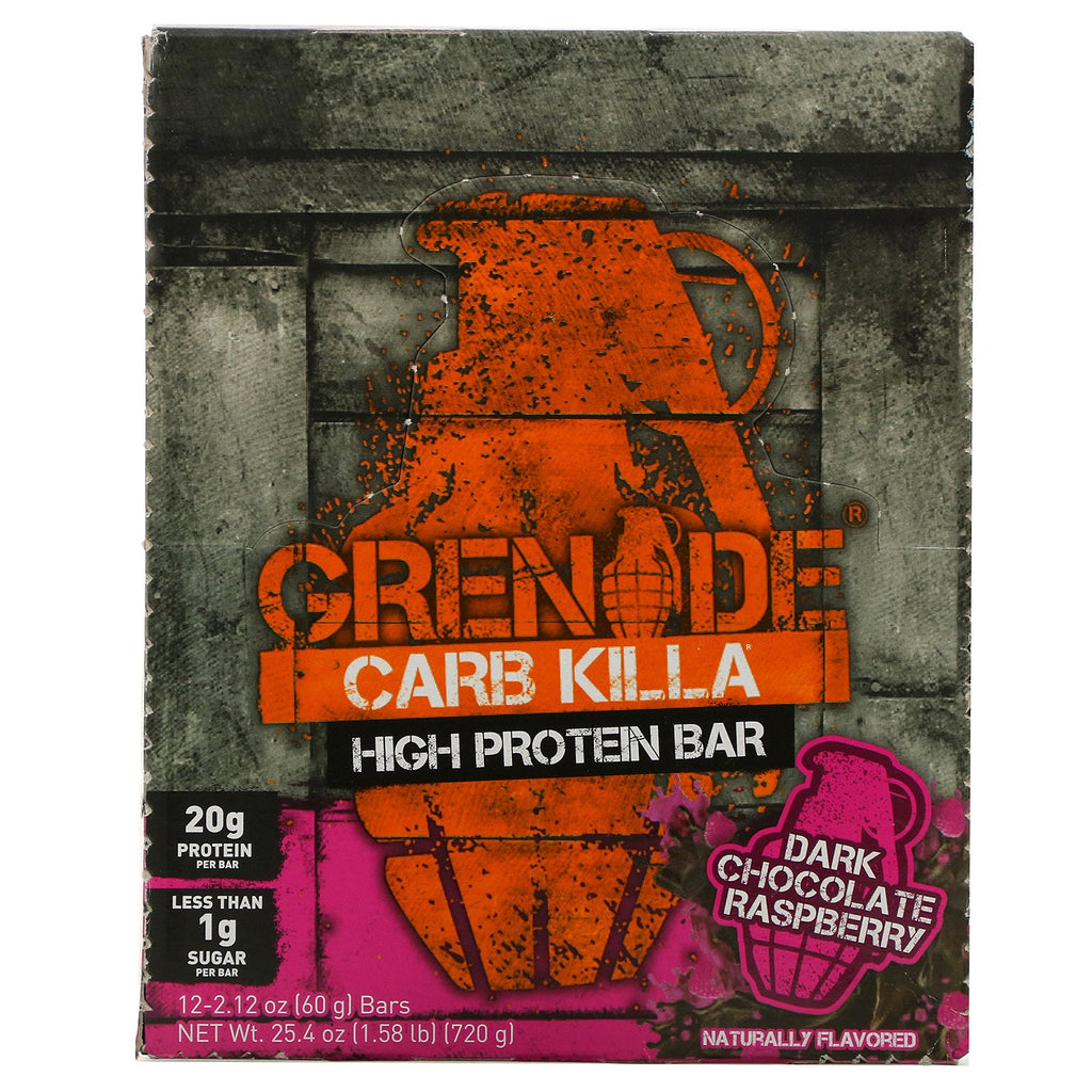 Granat, Carb Killa, højproteinbar, mørk chokoladehindbær, 12 barer, 2,12 oz (60 g) hver