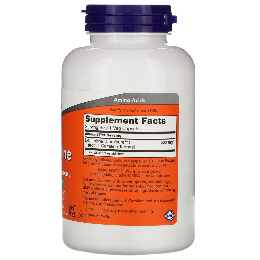 Now Foods, L-Carnitin, 500 mg, 180 Veg-kapsler