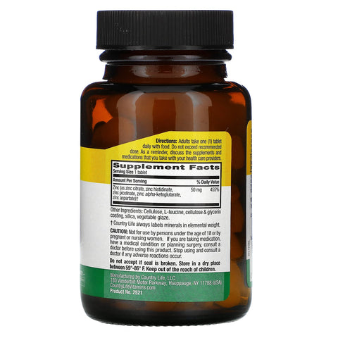 Country Life, Target-Mins Zinc, 50 mg, 180 tabletas