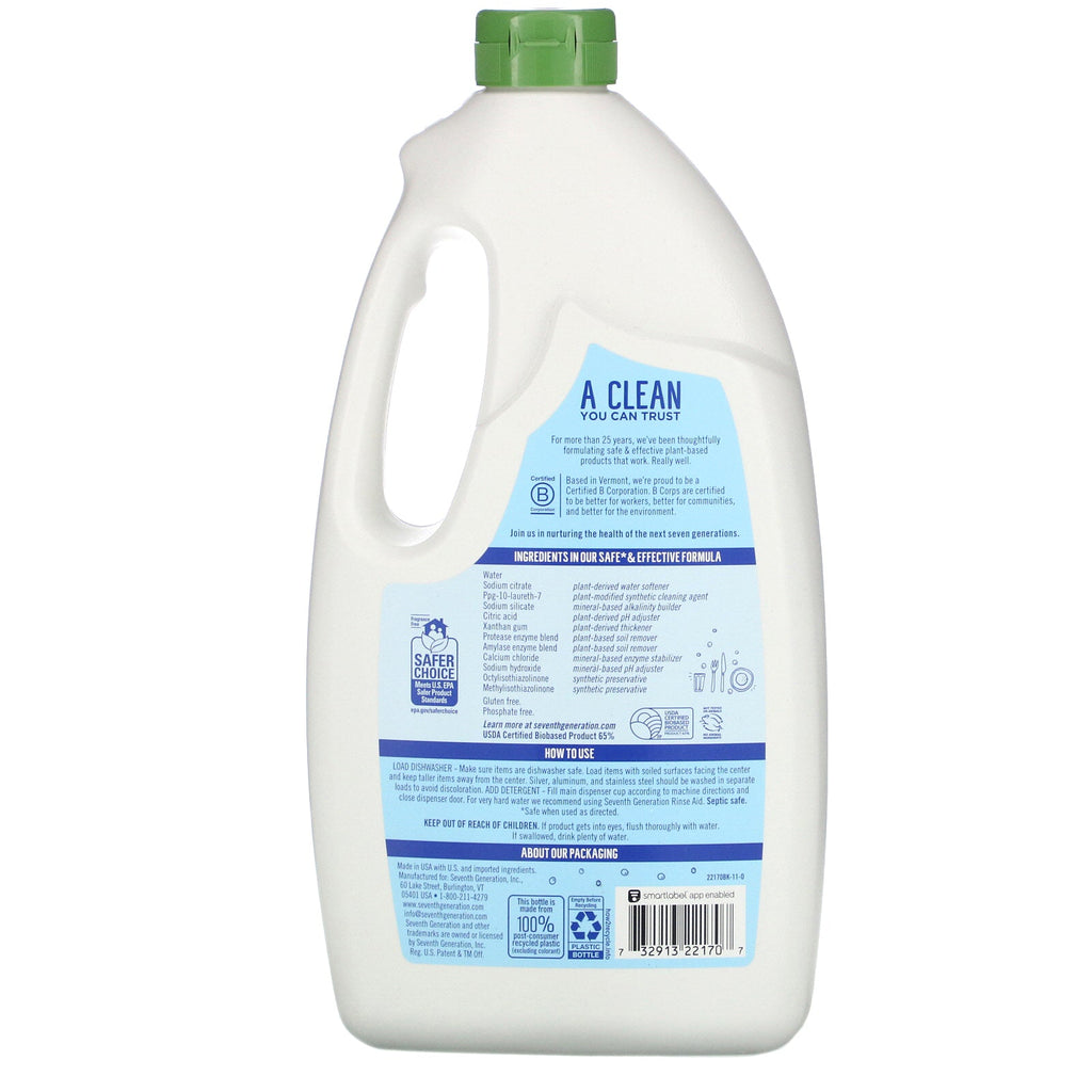 Seventh Generation, Detergente en gel para lavavajillas, libre y transparente, 42 oz (1,19 kg)