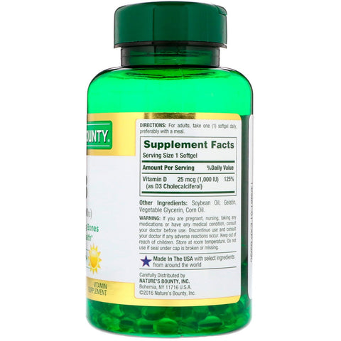 Nature's Bounty, D3, 25 mcg (1000 UI), 250 cápsulas blandas de liberación rápida